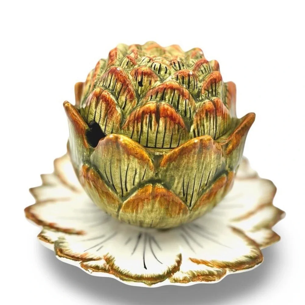 Vintage Artichoke Majolica Ceramic Pottery Sauce Bowl Lid Plate Italy Jam Jar